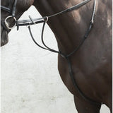Black leather equisential running martingale with silver metal hardware designed for running martingale use