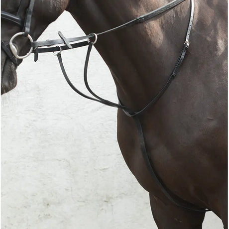 Black leather equisential running martingale with silver metal hardware designed for running martingale use