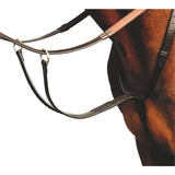 Black leather equisential running martingale with silver hardware and light brown padded browband for riding
