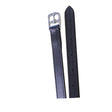 Black leather equisential stirrup leathers with silver buckle and visible edge stitching for riding gear