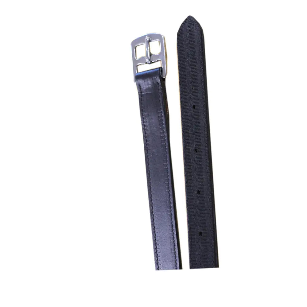 Black leather equisential stirrup leathers with silver buckle and visible edge stitching for riding gear