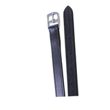 Black leather equisential stirrup leathers with silver buckle and visible edge stitching for riding gear
