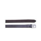 Dark brown leather equisential stirrup leathers with a silver-toned buckle for secure saddle attachment