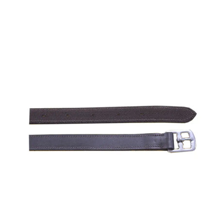 Dark brown leather equisential stirrup leathers with a silver-toned buckle for secure saddle attachment