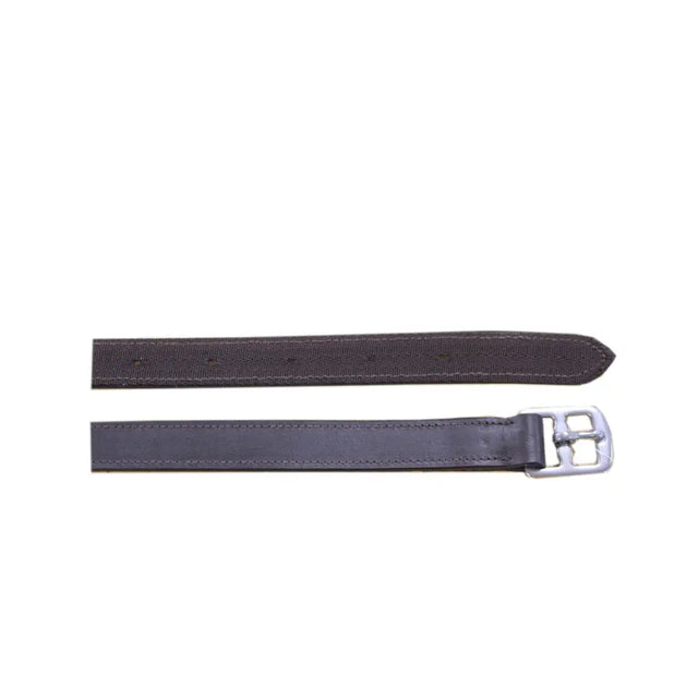 Dark brown leather equisential stirrup leathers with a silver-toned buckle for secure saddle attachment