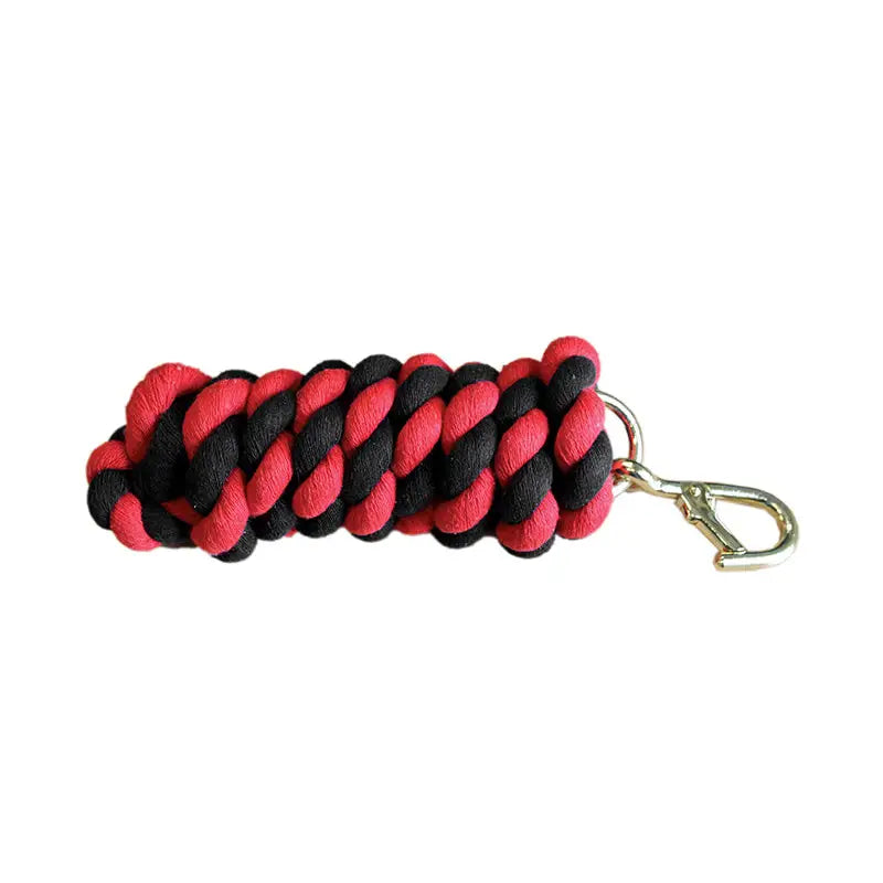 Red and black braided rope horse lead with metal clip from equisential walsall leadrope for secure handling