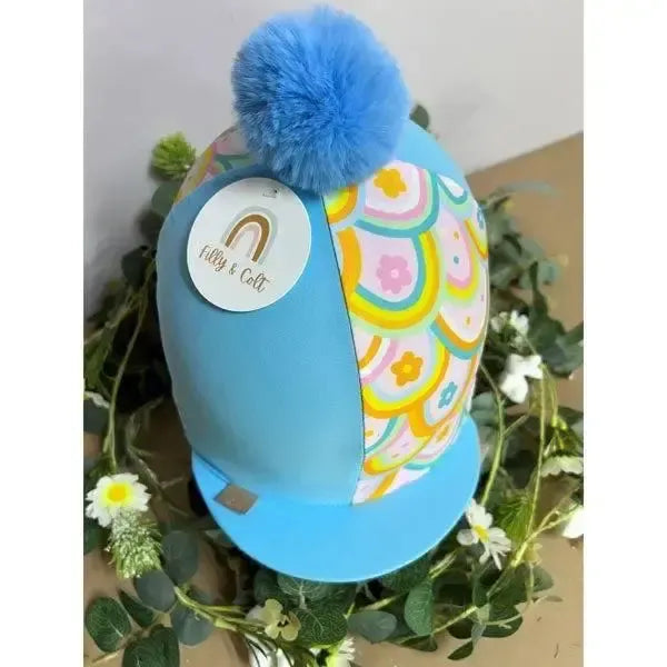 EquiSilks Maisy Rainbow / Blue Lycra Hat Cover Hat Silks