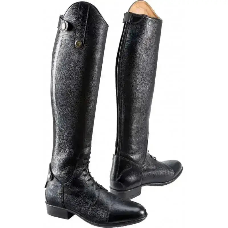Black equitheme primera long riding boots with grained leather texture and classic tall adult riding boots design