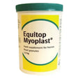 White cylindrical container with green lid and yellow label of equitop myoplast unique supplement to support muscle development