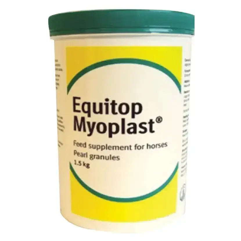 White cylindrical container with green lid and yellow label of equitop myoplast unique supplement to support muscle development