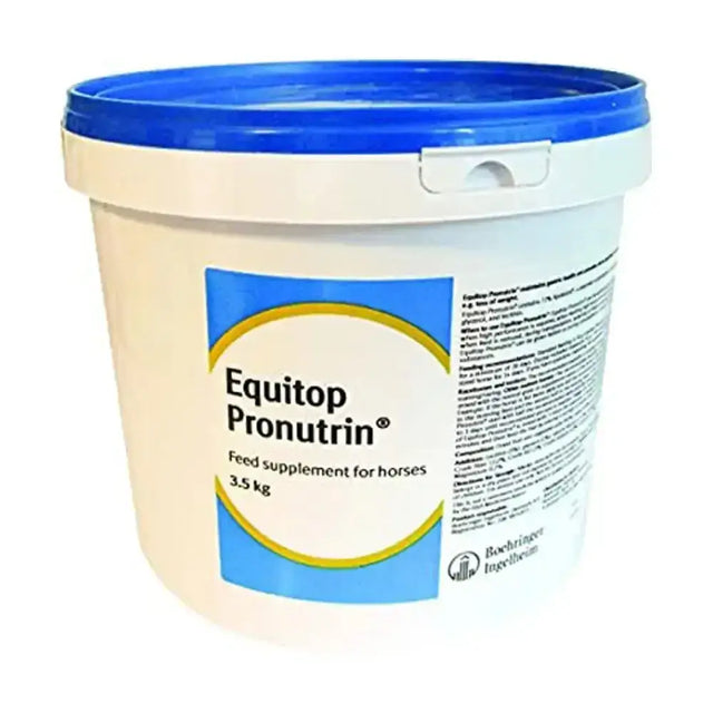 White plastic bucket with blue lid labeled equitop® pronutrin by boehringer ingelheim animal health supports gastric health
