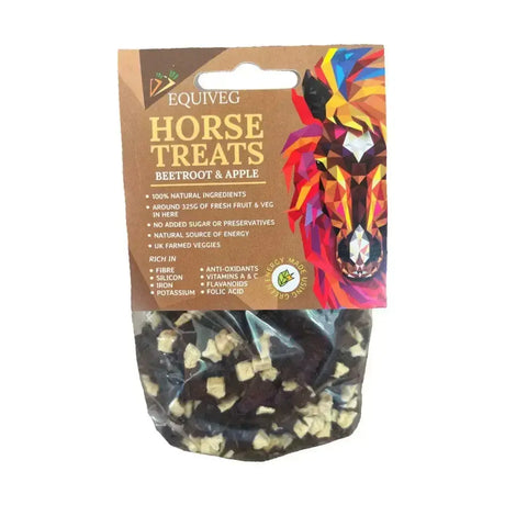 A colorful geometric package of equiveg beetroot and apple super horse treats for healthy horse snacking