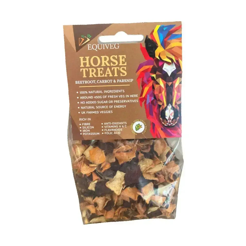 A brown transparent bag of equiveg beetroot carrot and parsnip super horse treats with colorful geometric horse design
