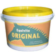 A yellow and white plastic bucket of equivite original horse supplements with a teal horse silhouette and improved recipe including chelates