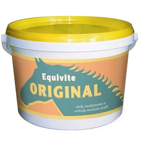 A yellow and white plastic bucket of equivite original horse supplements with a teal horse silhouette and improved recipe including chelates