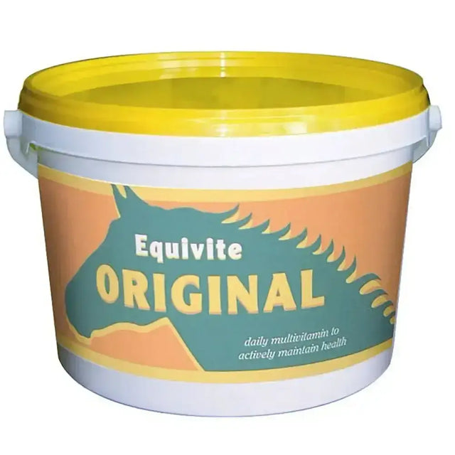 A yellow and white plastic bucket of equivite original horse supplements with a teal horse silhouette and improved recipe including chelates