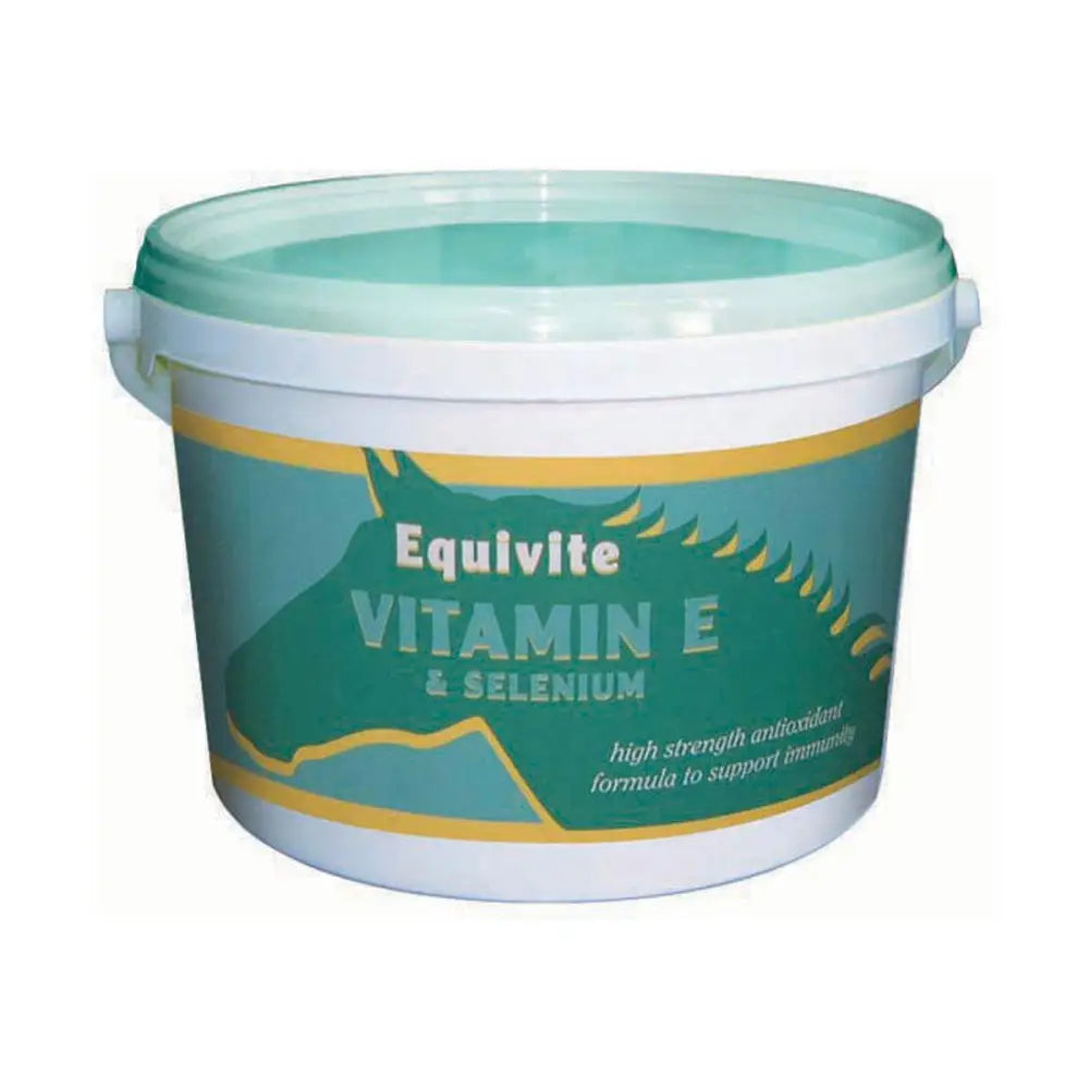 A white plastic bucket with a teal lid of equivite vitamin e and selenium supplement for competition horses on high oil diets