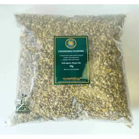 A clear plastic bag of dried chamomile flowers labeled equus health chamomile for natural stress release in horse supplements