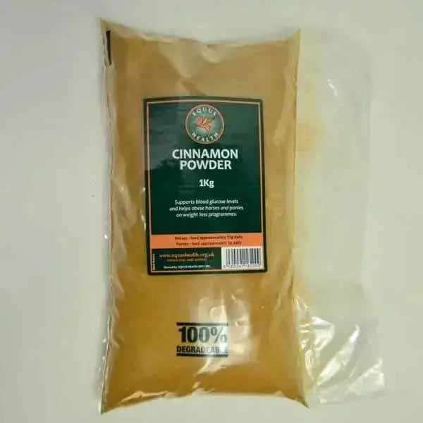 A 1kg clear bag of equus health cinnamon powder with a dark green and orange label for horse digestive gut balancers