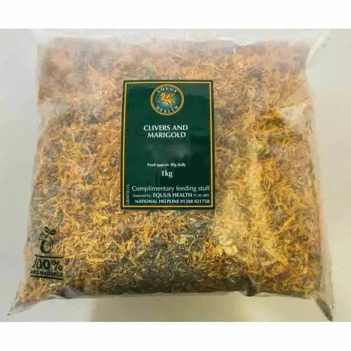 A 1kg transparent plastic bag of golden yellow and brown dried clivers and marigold feed by equus health clivers & marigold