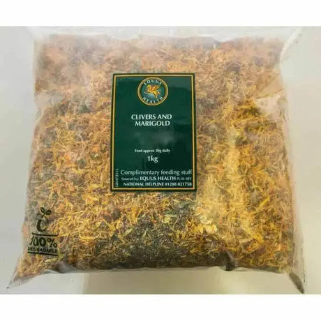 A 1kg transparent plastic bag of golden yellow and brown dried clivers and marigold feed by equus health clivers & marigold