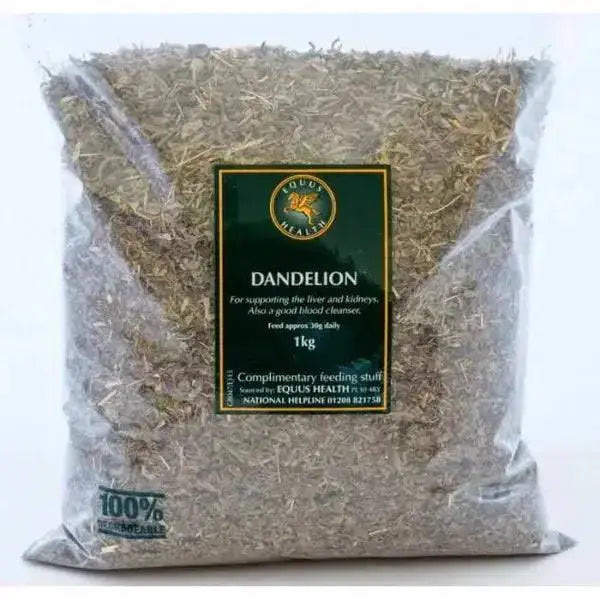 A 1kg bag of equus health dandelion leaf herb in clear plastic with green and gold label for health dandelion leaf use