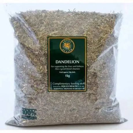 A 1kg bag of equus health dandelion leaf herb in clear plastic with green and gold label for health dandelion leaf use
