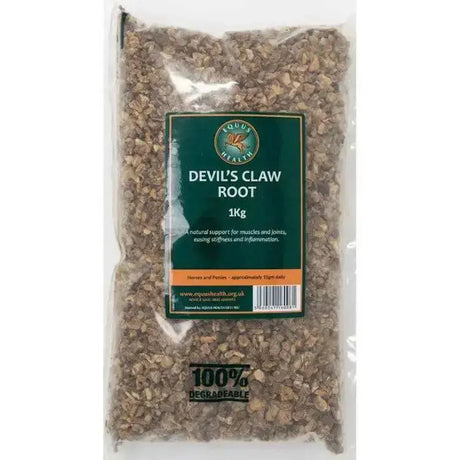 A 1kg package of equus health devil’s claw root with dark green label and dried brown root pieces for claw horse supplement