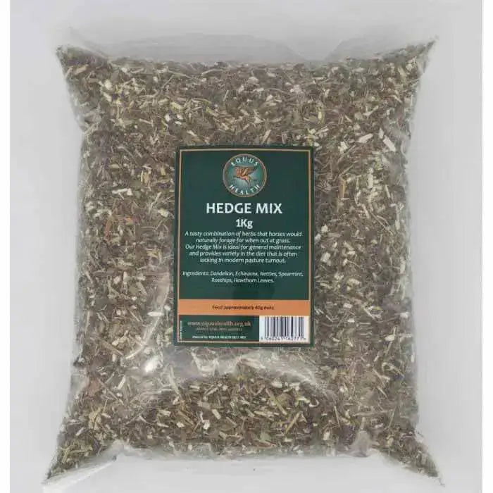 A clear plastic bag of equus health hedge mix filled with dried green and brown herbs for horse supplements