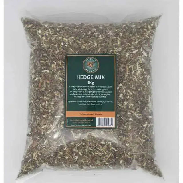 A clear plastic bag of equus health hedge mix filled with dried green and brown herbs for horse supplements