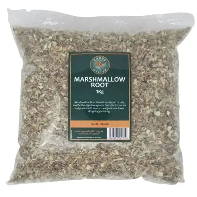 A 1kg bag of light beige chopped marshmallow root from equus health traditionally fed horse supplements