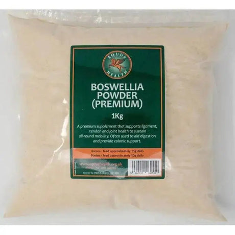 A 1kg bag of equus health premium boswellia powder in clear plastic with green and orange label to sustain all-round mobility