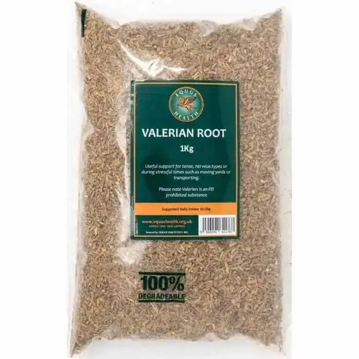 A 1kg clear bag of equus health valerian root with green orange label ideal for nervous types and moving yards