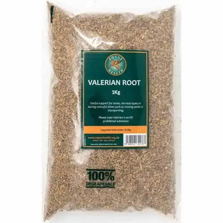 A 1kg clear bag of equus health valerian root with green orange label ideal for nervous types and moving yards