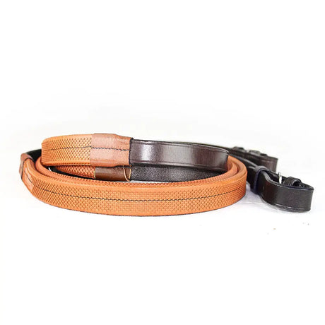 Tan and black leather equus racing rein with stitched edges and textured pattern british made premium quality