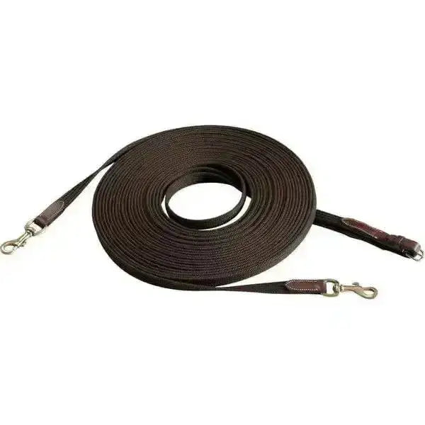 Brown woven horse lead rope with leather handles and metal hardware for eric thomas pro double lunging draw reins