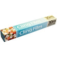 A roll of essential cling film in a light blue and white box 30 meters long 30mm wide perfect for wrapping tomato soup meals