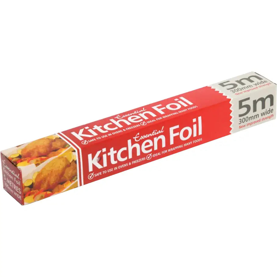 Essential foil kitchen foil in red and white packaging 5 meters long 300mm wide perfect for heinz tomato soup prep
