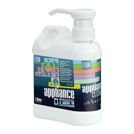 White plastic bottle with white pump dispenser and colorful label for eton appliance cleaner concentrate biocidal disinfectant