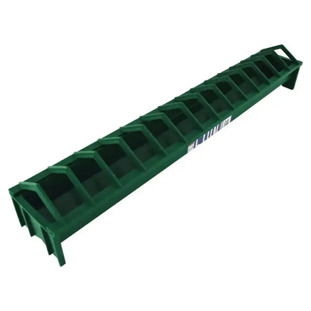 Green plastic eton chick trough poultry feeder with ten hexagonal compartments and handles for easy carrying