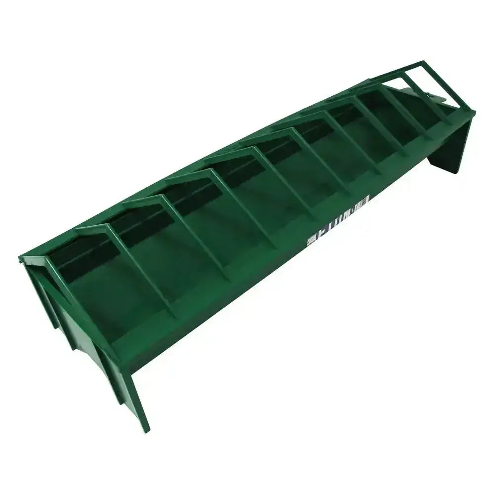 Green metal eton chicken trough poultry feeder with multiple compartments for efficient chicken feeding