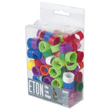 A clear plastic package of colorful eton clic leg rings in assorted vibrant hues like red blue green purple and yellow