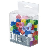 A clear plastic package of eton clic leg assorted leg rings in bright blue green pink and yellow clip-on for poultry