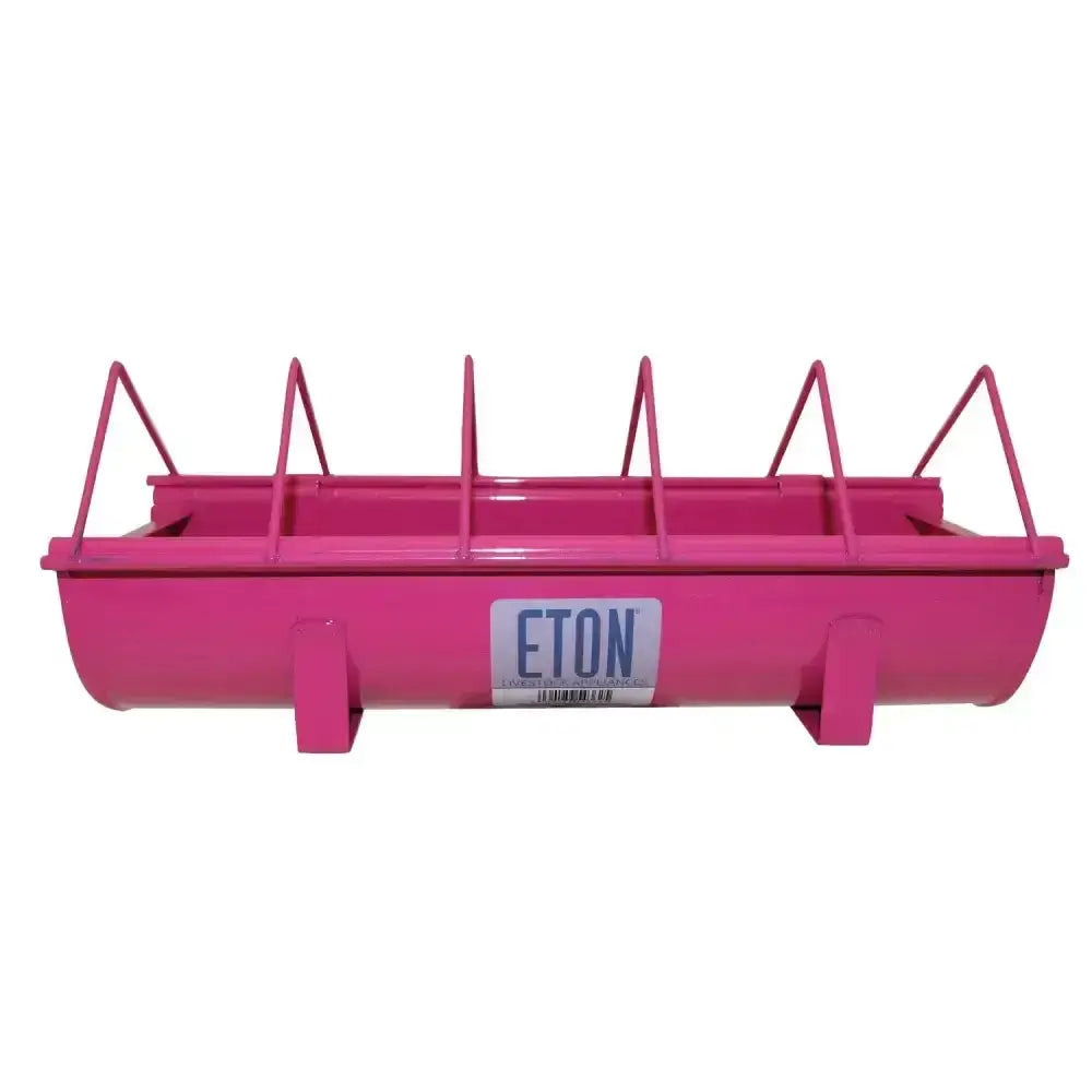 Bright pink metal eton cottage garden trough poultry feeder with zinc plated trough and triangular support bars