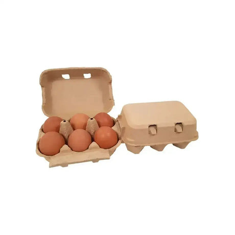 Brown cardboard eton egg box flat top holding six brown eggs showing quality box opening for safe storage