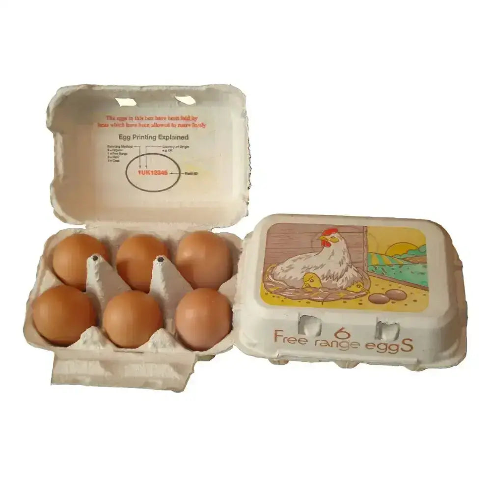 Eton egg box white cardboard with six brown free range eggs and colorful chicken illustration on lid