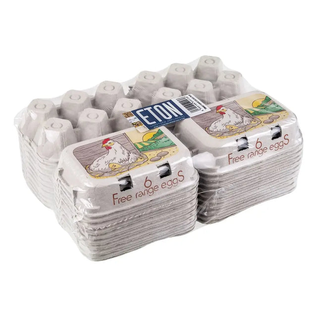 White cardboard eton egg box with free range printed text and cartoon chicken illustration for eggs