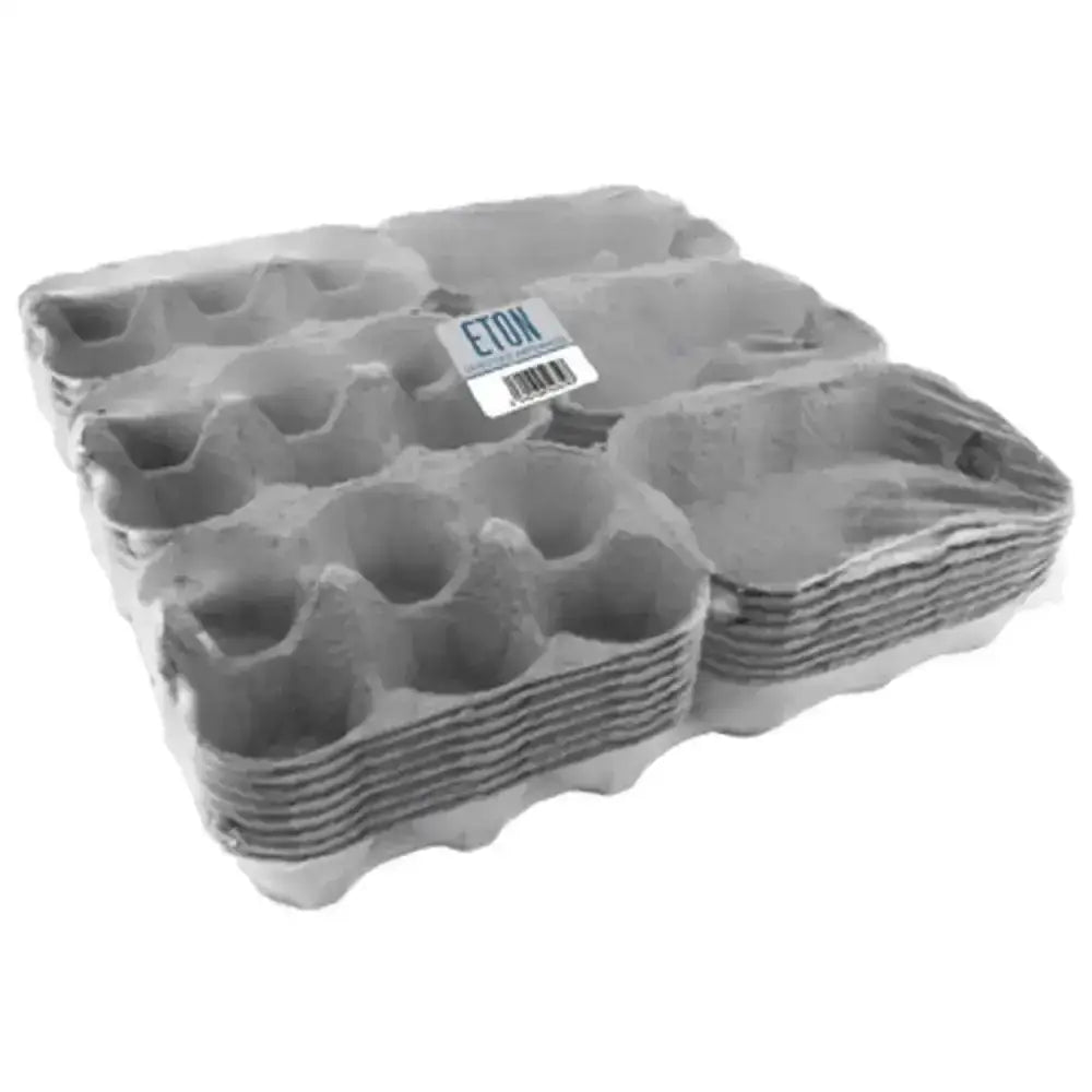 Stack of gray molded cardboard fibre egg boxes with white eton label perfect for pet supplies storage