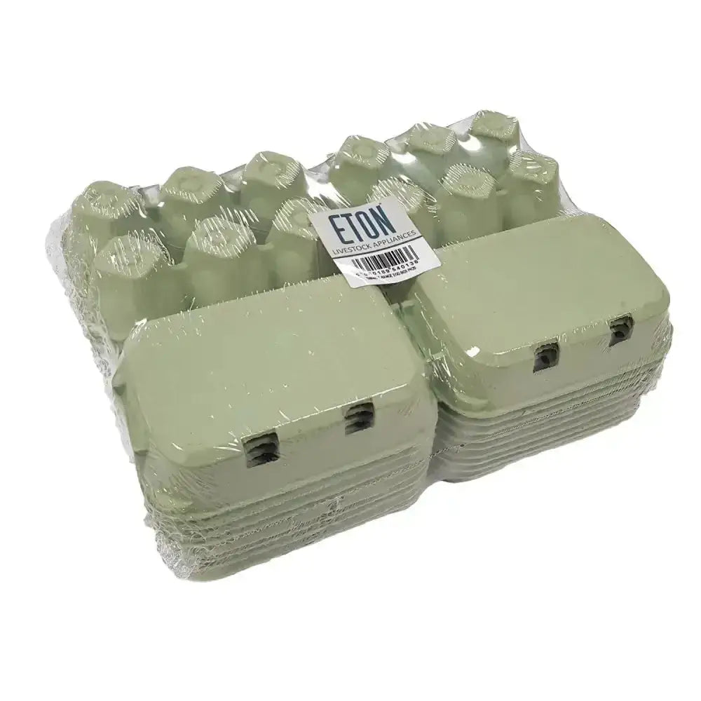 Stack of light green plastic eton egg box plain flat top 20 pack wrapped in clear plastic good quality box opening