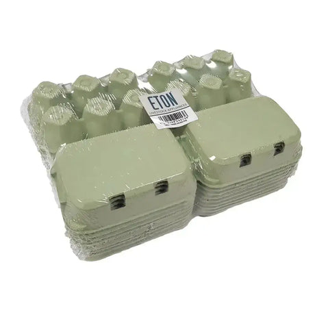 Stack of light green plastic eton egg box plain flat top 20 pack wrapped in clear plastic good quality box opening